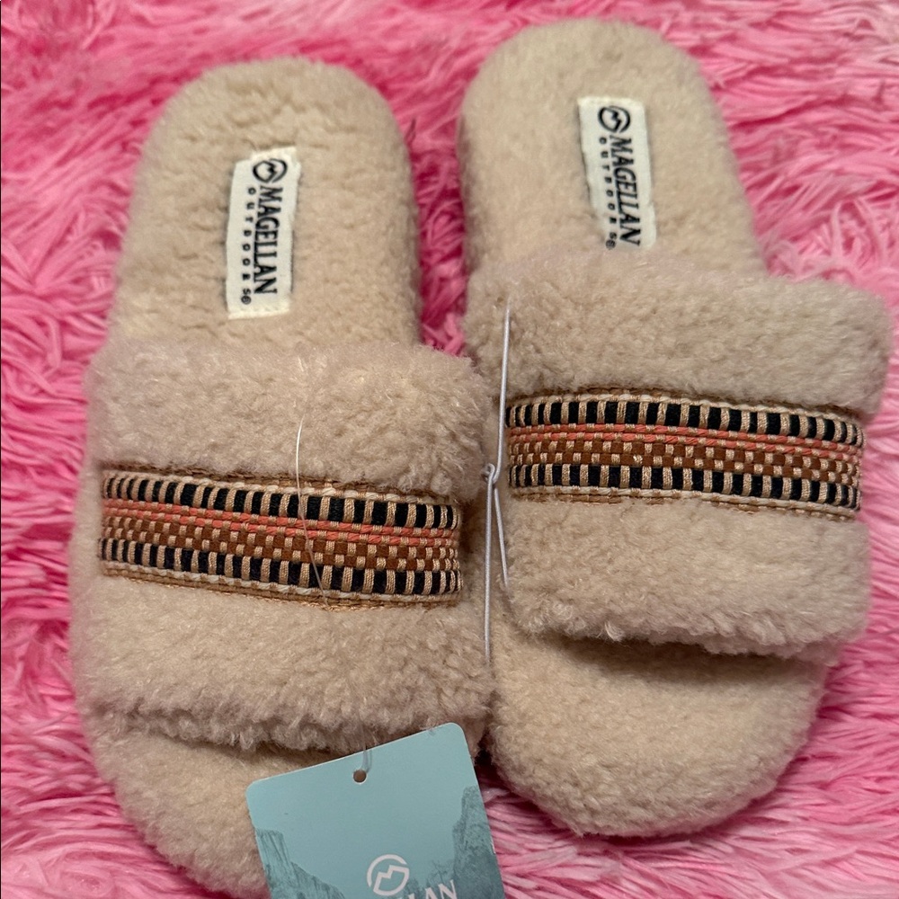 Magellan Outdoors Cream Fuzzy Slippers with Striped Strap